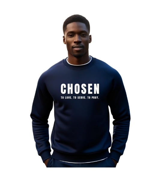 Man wearing a navy blue sweatshirt with 'Chosen' text in white